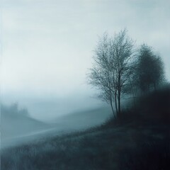 Obraz premium Misty Morning Landscape: Serene Field with Trees