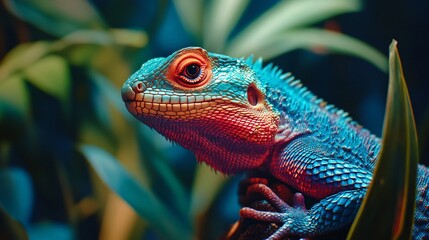 Fototapeta premium A vibrant blue and orange lizard perched among green foliage, showcasing its striking colors and intricate scales.