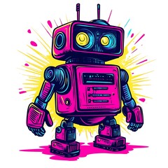 A vibrant, retro-style robot illustration with colorful effects.