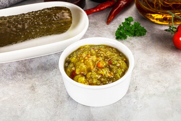 Souce gherkin relish with marinated cucumbers