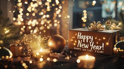 "Happy New Year 2025," written in elegant calligraphy, with sparkling fireworks, set against an enchanting background of twinkling lights 