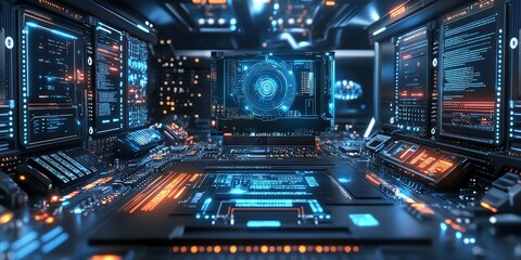 Fototapeta premium Futuristic Tech Control Room: Neon Blue and Orange Circuitry Display