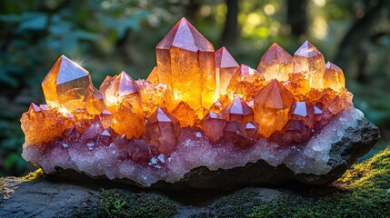Glowing orange and pink quartz cluster on mossy rock.