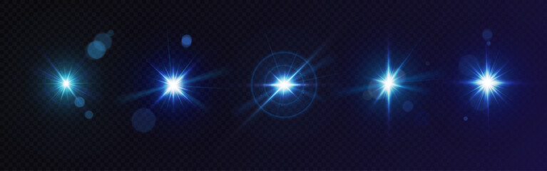 Glowing glint collection - bright blue lens flares with shining centers, gradient rays and sparkling effects on transparent background. Shimmer elements and magical sparkles for cosmic light effect.