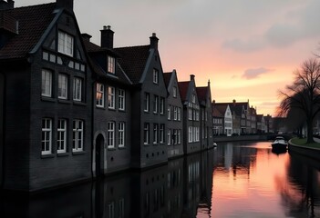 Obraz premium Dusk Settles on Charming Canals Lined With Historic Brick Homes in a Serene European Town