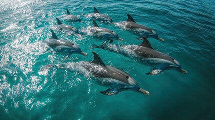Obraz premium A pod of dolphins swimming gracefully in the turquoise ocean waters, showcasing their sleek bodies and powerful movements. A breathtaking view of marine wildlife in their natural habitat.