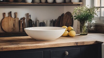 A serene kitchen scene featuring a white bowl on a wooden countertop, surrounded by fresh lemons and delicate flowers.
