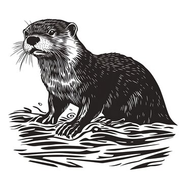 A stylized illustration of an otter standing on the water's edge.