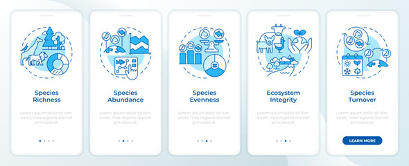 Biodiversity measurement blue onboarding mobile app screen. Walkthrough 5 steps editable graphic instructions with linear concepts. UI, UX, GUI template. Montserrat SemiBold, Regular fonts used
