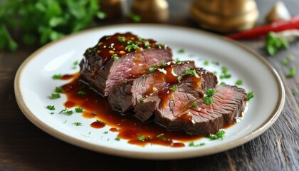 Marinated Beef Slices with Rich Sauce and Fresh Herbs on White Plate