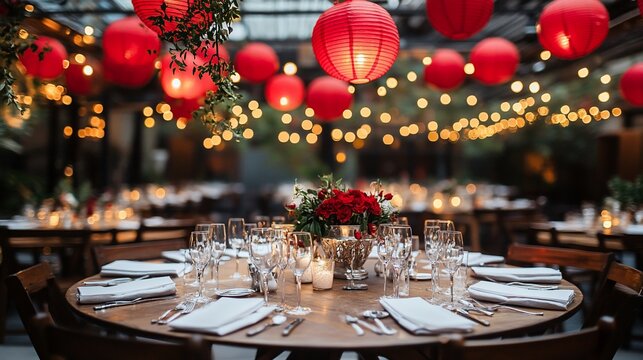 Festive indoor wedding reception with round tables, red lanterns, and floral centerpieces