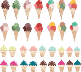 A set of vector illustrations of ice cream in waffle cones with various flavors and colors. Perfect for designs themed around summer, desserts, and sweets.