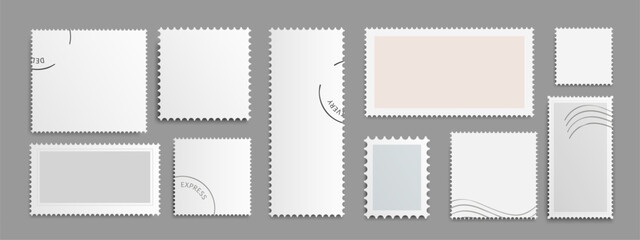 Postal stamp mockup set with express postmark prints - white rectangular frames in different dimensions and perforated borders. Clean shapes for philately collection, mail stationery or scrapbooking.