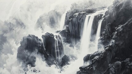A serene black and white depiction of cascading waterfalls amidst rocky cliffs.