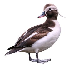 Obraz premium Long-tailed Duckon piece of wood isolated on white background