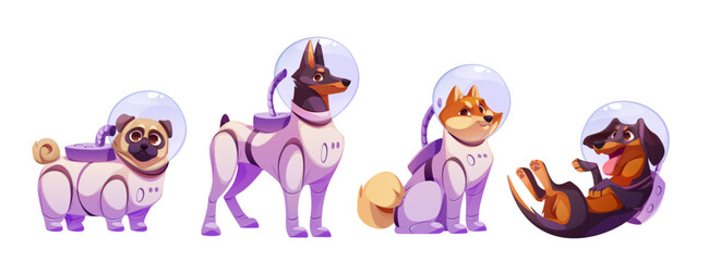 Space dog character set in protective suits - cartoon pug, doberman, shiba inu and dachshund wearing purple astronaut gear with transparent helmets. Cute cosmic pets for science fiction game design.