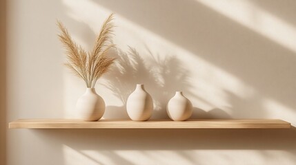 Fototapeta premium Light-filled room, shelf with vases and pampas grass, interior design