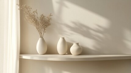 Fototapeta premium Sunlight-drenched shelf display of vases and dried flowers