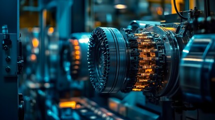 Fototapeta premium Close-up of industrial machine, metal parts, factory equipment, and manufacturing process.