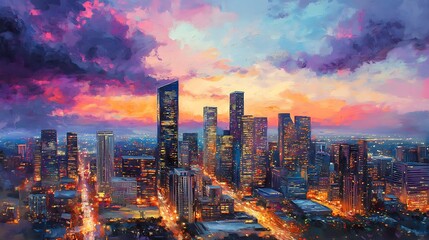 Fototapeta premium Cityscape at Sunset with Vibrant Clouds and Illuminated Buildings