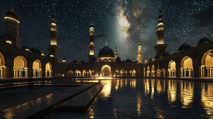 Breathtaking mosque illuminated at night, showcasing intricate architectural details under a starry sky during Ramadan celebrations.