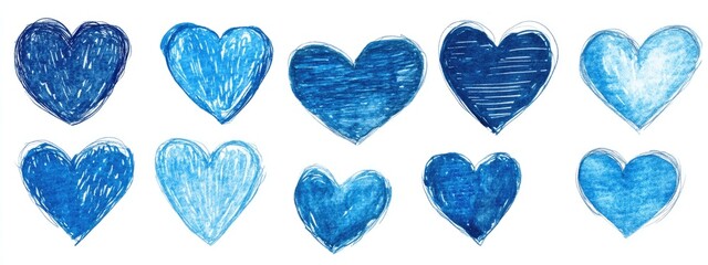 Hand drawn blue heart shape photo set on white background.