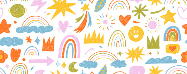 Colorful seamless pattern with crayon drawn doodles and funky elements. Hand drawn childish wallpaper with cute symbols. Vector seamless pattern with crowns, stars, rainbows and clouds.