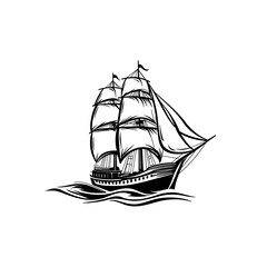 A classic sailing ship illustration in black and white.