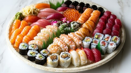 Sushi platter with colorful nigiri and sashimi