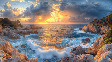 Fototapeta premium Dramatic coastal sunrise with crashing waves and rocky shoreline.