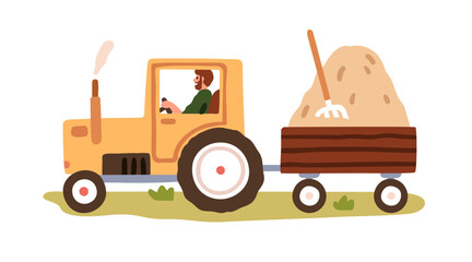 Farmer driving tractor with hay stack on trailer. Farm worker, rural transport driver, countryside scene. Agriculture work on country field. Flat vector illustration isolated on white background © Good Studio