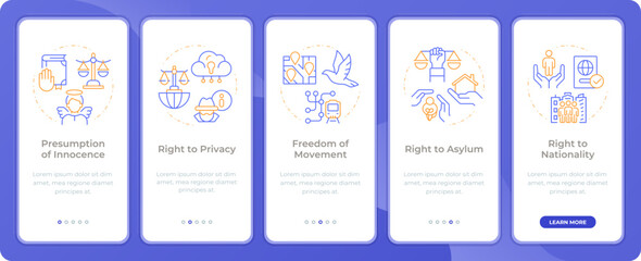 Human law rights app onboarding screens. Innocence, freedom. Duo tone vector illustration. UI design flow. 5 steps walkthrough mobile interface slide layout. Montserrat SemiBold, Regular fonts used