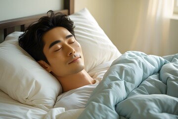 Asian man sleeping in bed
