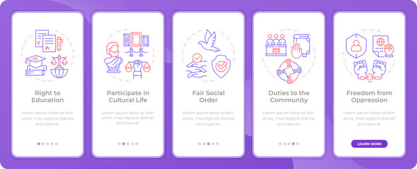 Social culture rights app onboarding screens. Duo tone vector illustration. UI design flow. 5 steps walkthrough mobile interface slide layout. Montserrat SemiBold, Regular fonts used
