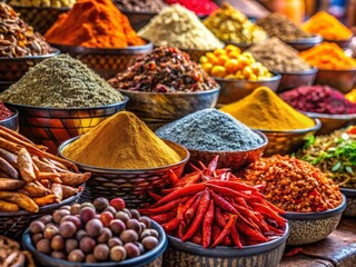 Fototapeta premium Vibrant Aromatic Spices Overflowing in a Bustling Market Stall