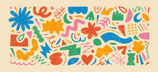 Naive playful crayon drawn abstract shapes, funky icons or stickers. Doodle contemporary figures, stars, squiggles, zigzag and other primitive geometric elements. Colorful hand drawn vector shapes.