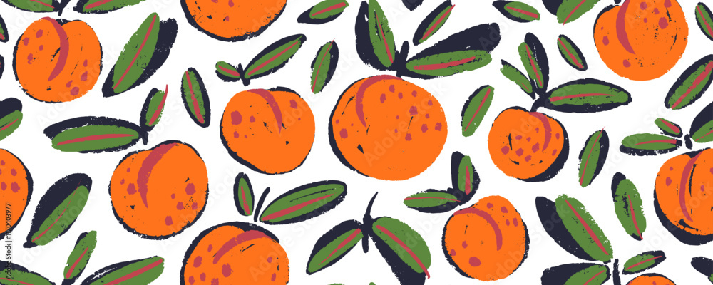 Poster seamless funky pattern with hand drawn peaches or apricots. colorful brush drawn fruits design. mode