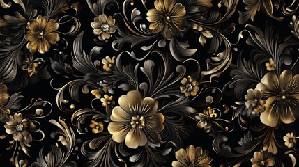 A stunning floral pattern featuring gold and black hues, showcasing elegant flowers and intricate swirling designs.