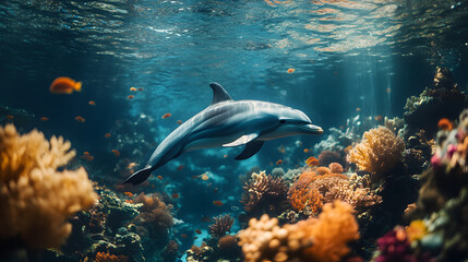 Fototapeta premium A dolphin swimming near coral reefs, with vibrant marine life as the background, during a sunny underwater scene