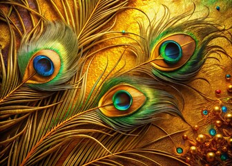 Obraz premium Vibrant Peacock Feathers with Gold Accents - Elegant Stock Photo