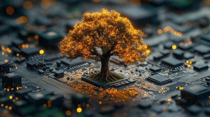Glowing tree growing from a computer chip.