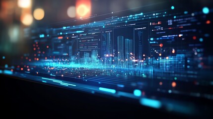 Obraz premium Futuristic Cityscape: Digital Skyline Illuminated with Neon Data Streams