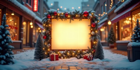 Obraz premium Festive winter scene featuring a blank sign framed with Christmas decorations, perfect for holiday promotions or seasonal marketing.