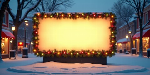 A festive blank billboard surrounded by snow and Christmas decorations, perfect for holiday advertising and promotions.