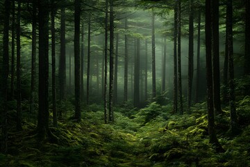 Naklejka premium Misty Forest Path Lush Green Canopy