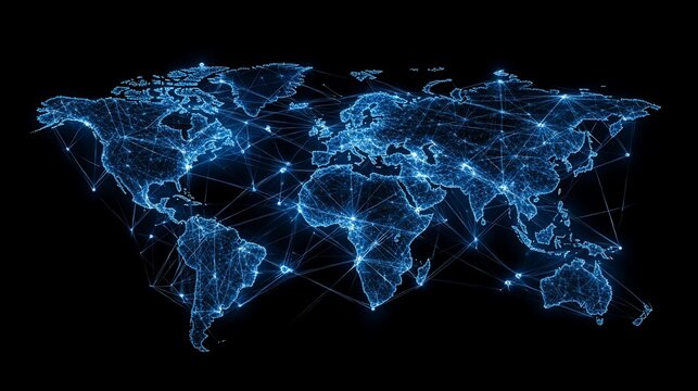 Global network connection map, digital data flow, dark background, website header