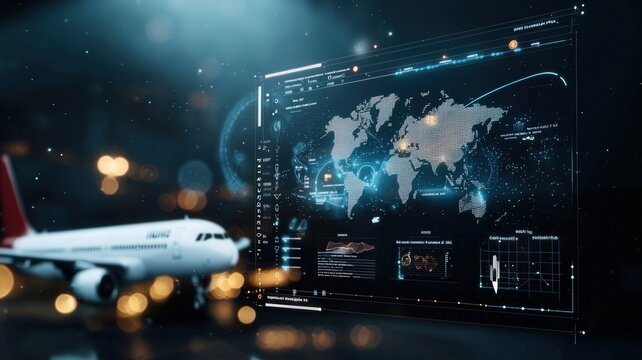 Cargo Management and Warehouse Scheduling Solutions concept. Digital travel interface with airplane and world map projection. - Powered by Adobe