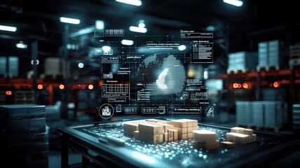 Cargo Management and Warehouse Scheduling Solutions concept. Digital warehouse with holographic data visualization and packages.