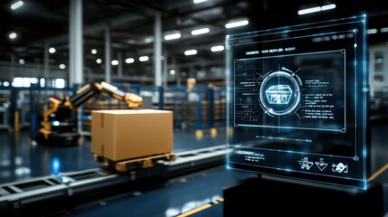 Cargo Management and Warehouse Scheduling Solutions concept. High-tech warehouse with robotic automation and digital interface.