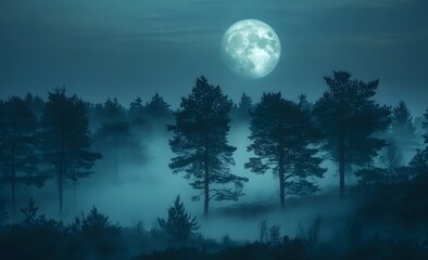Full Moon Over Foggy Forest Night Scene